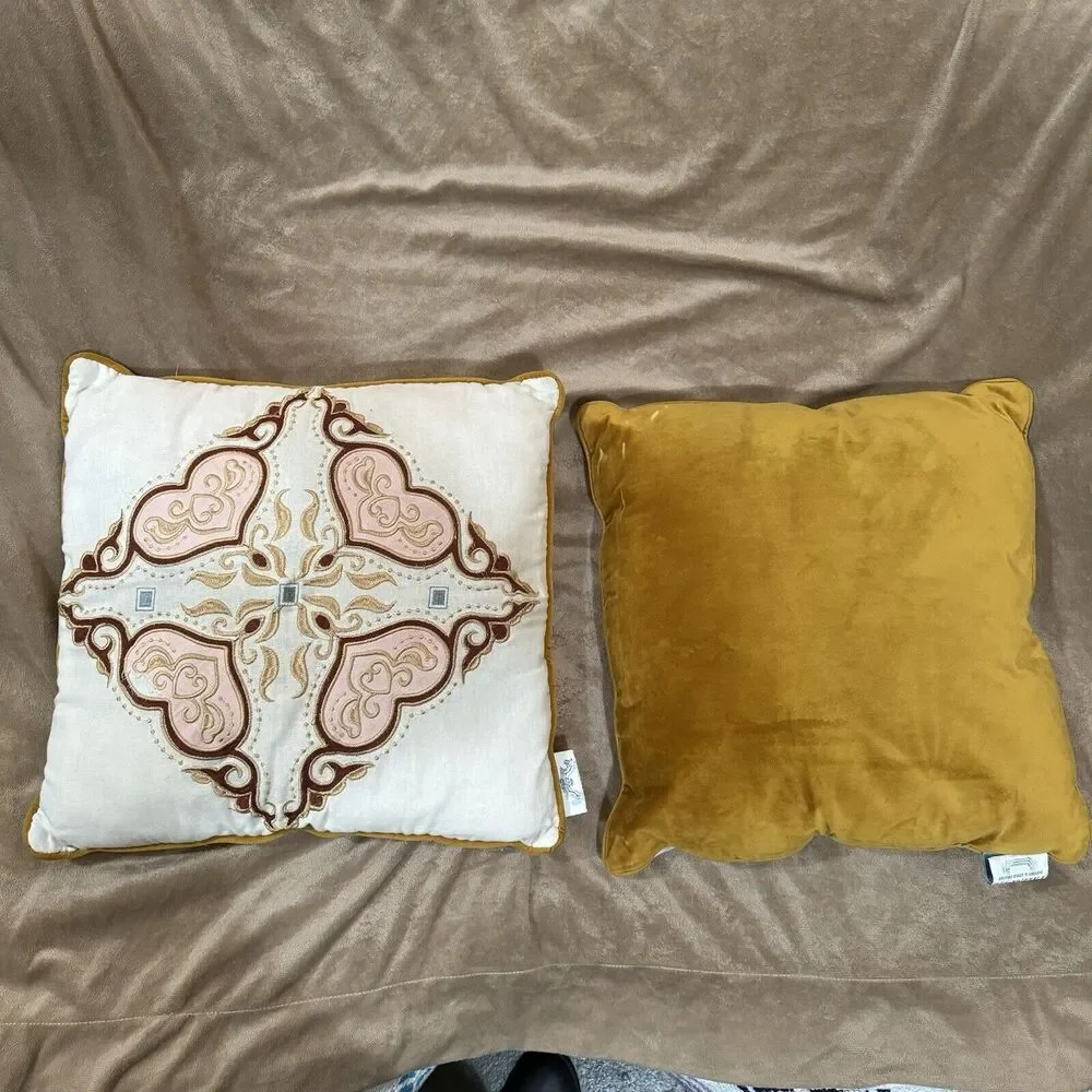 Patina Vie throw pillows yellow velour Pink Heart Embroidery cotton velvet 17